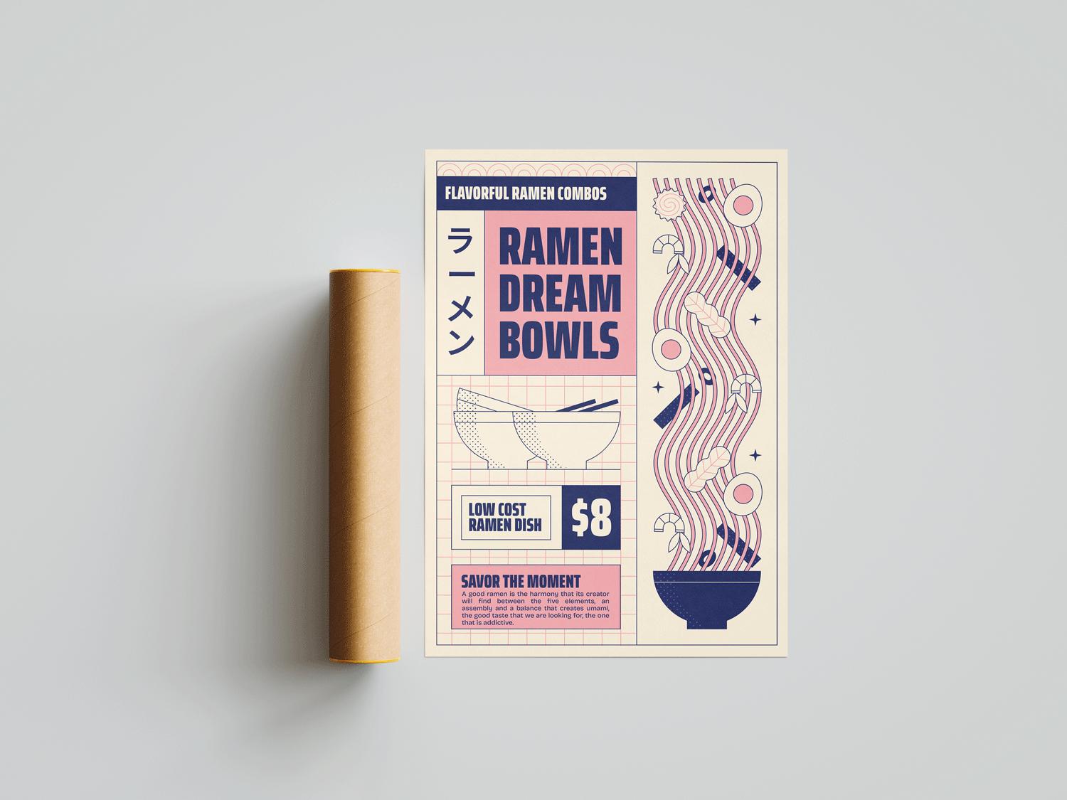 Illustrated poster - Ramen Blue & Pink