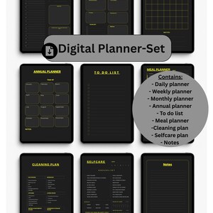 Könnte beinhalten: Ein digitales Planer-Set auf Tablets, mit einem schwarz-gelben Farbschema. Das Set enthält Tages-, Wochen-, Monats- und Jahresplaner, eine To-Do-Liste, einen Essensplaner, einen Reinigungsplan, eine Selbstpflege-Checkliste und einen Notizbereich. Der Text "Digital Planner-Set" ist ebenfalls sichtbar.