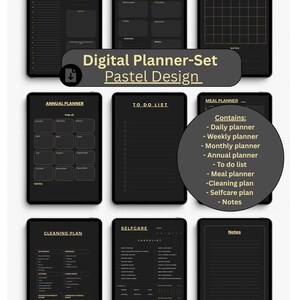 Könnte beinhalten: Ein digitales Planer-Set im Pastell-Design, mit Tages-, Wochen-, Monats- und Jahresplaner, To-Do-Liste, Essensplaner, Reinigungsplan, Selbstpflege-Checkliste und Notizen. Der Text "Digital Planner-Set Pastel Design" ist zu sehen.