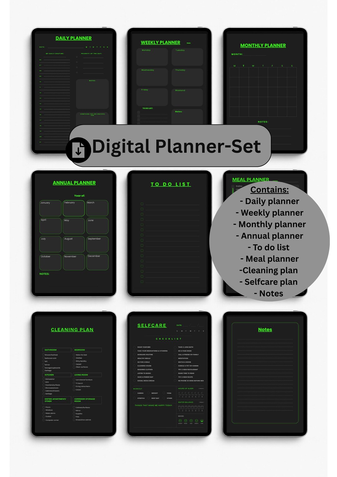 Dark Mode Digital Planner Set Neon Green Undated Hyperlinked Goodnotes ...