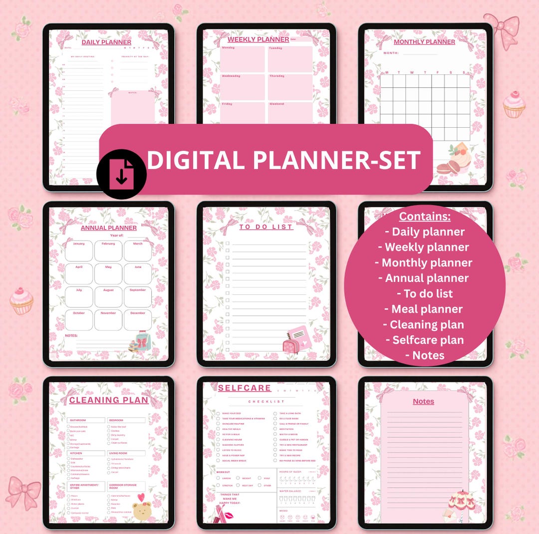 Digital Planner Set Pink Kawaii for iPad Goodnotes Daily Weekly Monthly ...