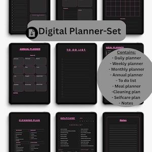 Könnte beinhalten: Ein digitales Planer-Set, das auf schwarzen Tablets angezeigt wird. Das Set enthält Tages-, Wochen-, Monats- und Jahresplaner, eine To-Do-Liste, einen Essensplaner, einen Reinigungsplan, eine Selbstpflege-Checkliste und Notizen. Der Text auf dem Bild lautet "Digital Planner-Set".