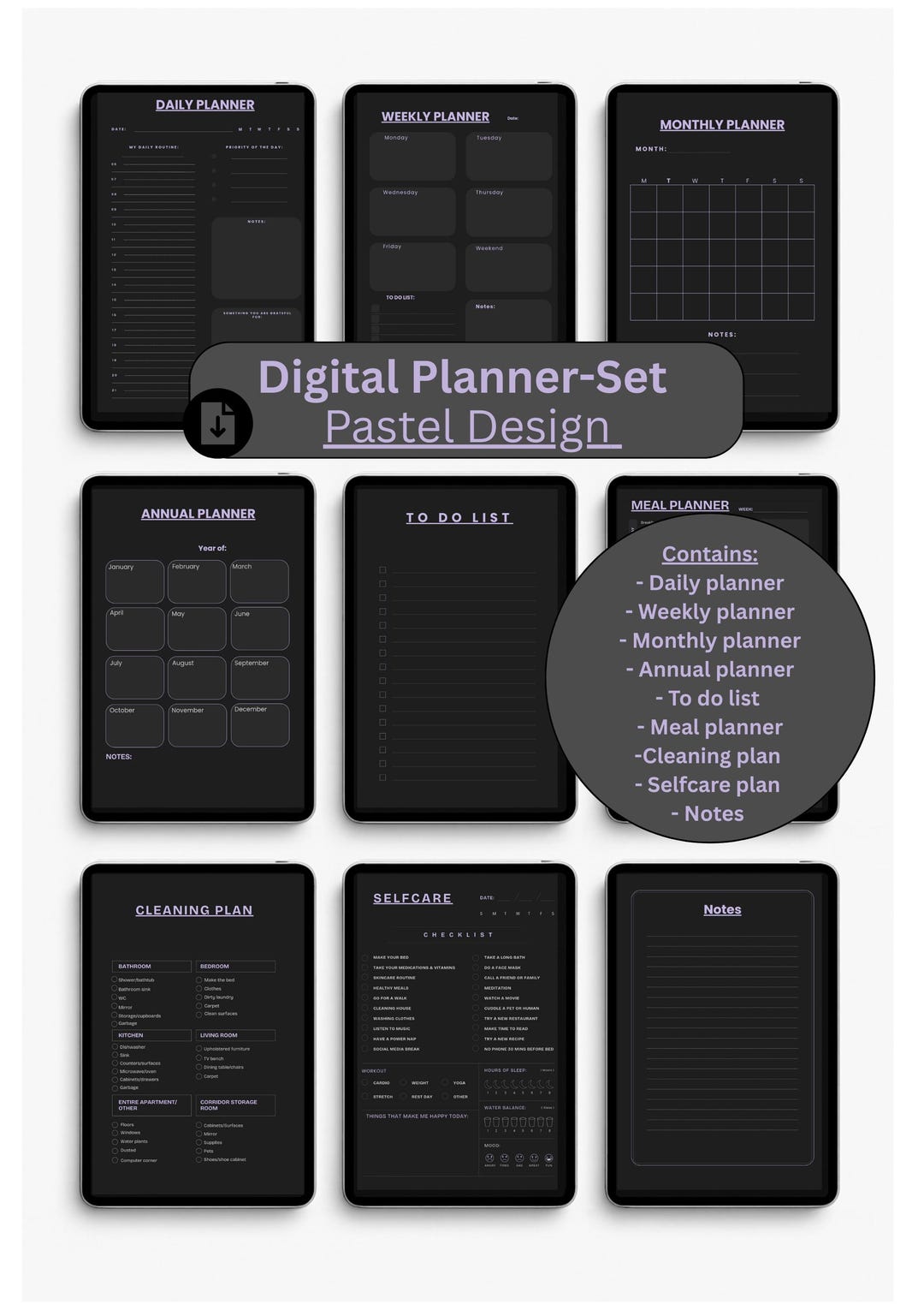 Dark Mode Digital Planner Set – Soft Pastel Purple Organizer | Undated ...