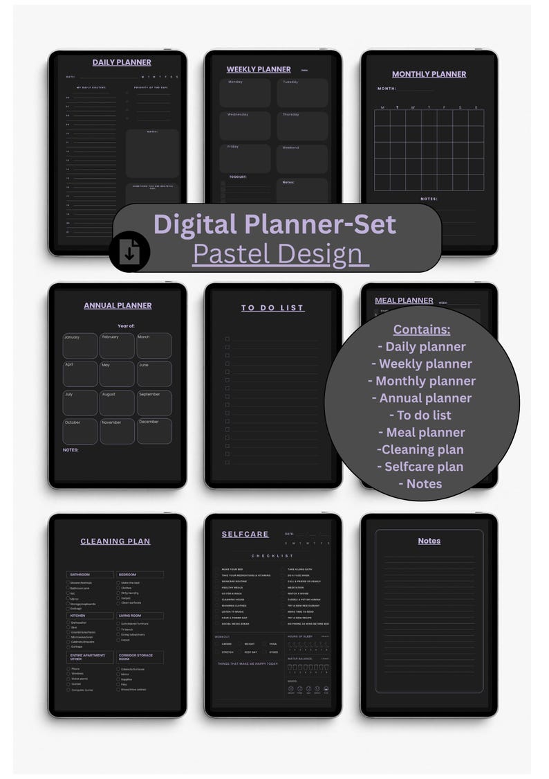 Dark Mode Digital Planner Set – Soft Pastel Purple Organizer | Undated ...