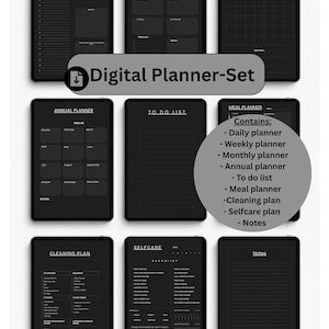 Könnte beinhalten: Ein digitales Planer-Set mit schwarzem Hintergrund. Das Set enthält Tages-, Wochen-, Monats- und Jahresplaner, eine To-Do-Liste, einen Essensplaner, einen Reinigungsplan, eine Selbstpflege-Checkliste und einen Notizbereich. Der Text "Digital Planner-Set" wird angezeigt.