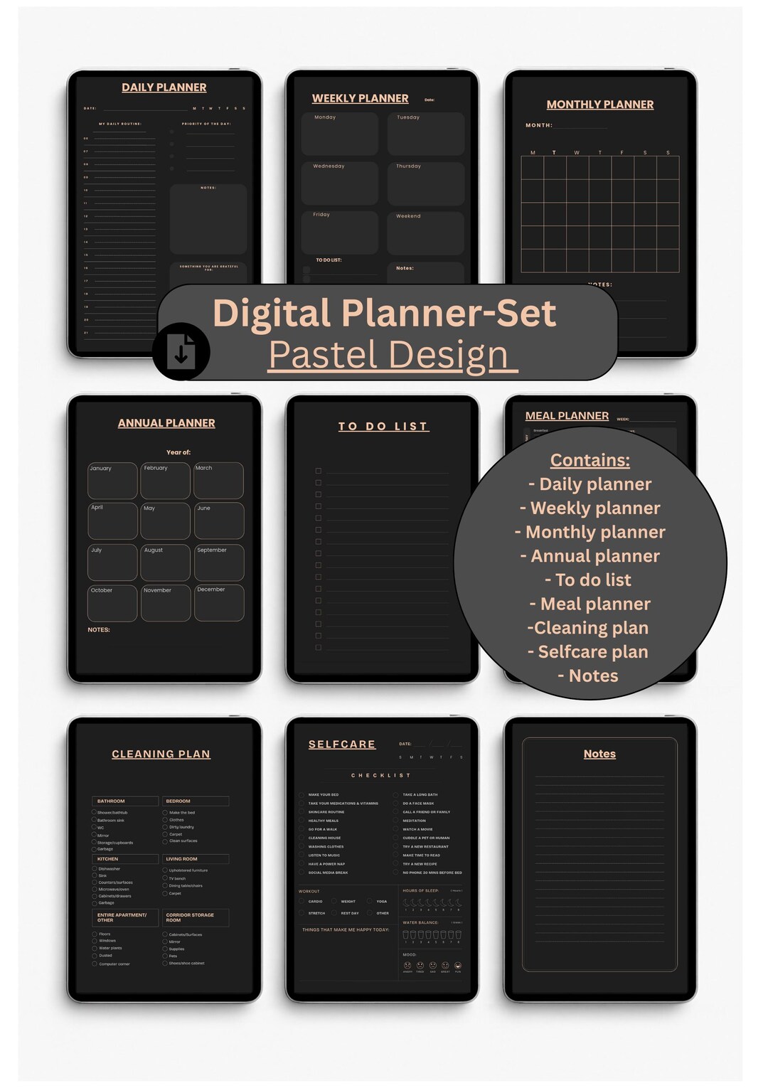 Dark Mode Digital Planner Set – Soft Pastel Orange Organizer | Undated ...