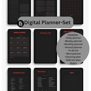 Könnte beinhalten: Ein digitales Planer-Set auf schwarzen Tablets. Es beinhaltet Tages-, Wochen-, Monats- und Jahresplaner, eine To-Do-Liste, Essens- und Reinigungspläne, eine Selbstpflege-Checkliste und Notizen. Roter Text auf schwarzem Hintergrund.