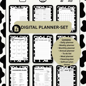 Könnte beinhalten: Digitales Planer-Set mit Kuh-Thema. Enthält Tages-, Wochen-, Monats- und Jahresplaner, To-Do-Listen, Essenspläne, Reinigungspläne, Selbstpflege-Checklisten und Notizen. Der Text "DIGITAL PLANNER-SET" wird angezeigt.