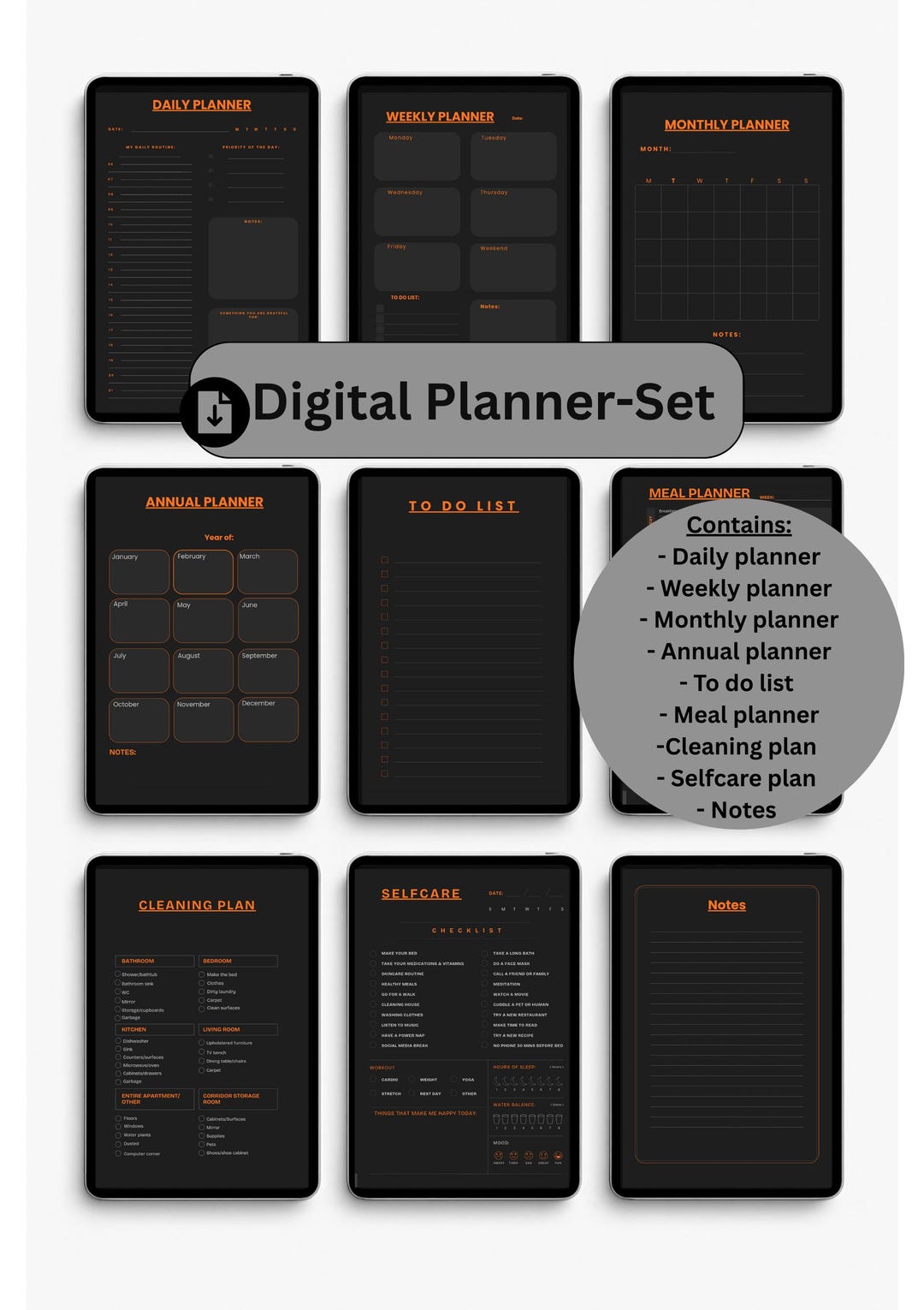 Dark Mode Digital Planner Set Neon Orange Undated Hyperlinked Goodnotes ...