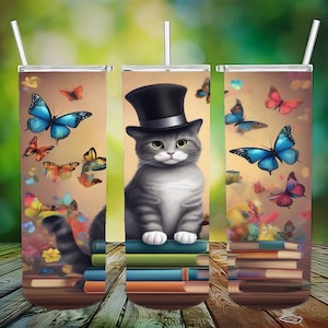Cat Tumbler Wrap, Butterflies PNG, 20 Oz Tumbler Wrap, Kids Tumbler Wrap, Tumbler Sublimation Design, Instant Download