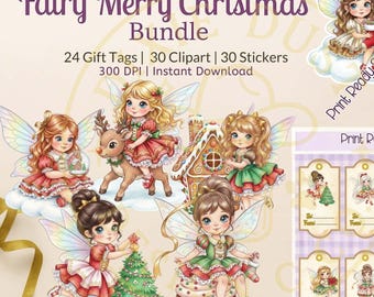 Fairy Merry Christmas  – Magical Holiday Clipart, Stickers and Gift Tags Bundle | 84 PNG Files | Instant Download | Sublimation | 300DPI