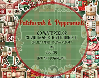 Patchwork & Peppermints | 60 Patchwork Christmas Stickers | Holiday Clipart PNG Set | Print and Cut | Digital or Printable | Cricut