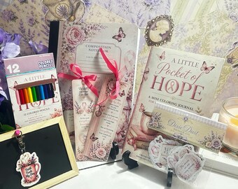 Pocket of Hope Gift Set, Breast Cancer Encouragement Bundle, Composition Notebook Coloring Journal Bookmarks Pencils Stickers Keychain