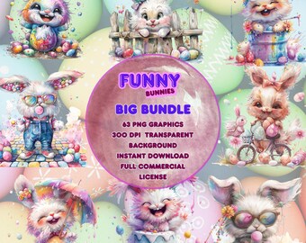 Funny Bunny Easter Clip Art: 63 Watercolor PNGs (Digital Download)