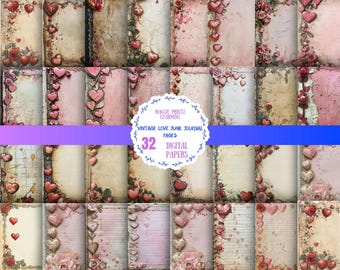 32 Vintage Shabby Chic Love & Hearts Junk Journal Pages | Instant Download | Commercial Use Included