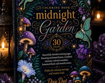Midnight Garden Adult Coloring Book, Printable Coloring Pages PDF, Digital Download for GoodNotes, Botanical Mushroom Moon Celestial Art