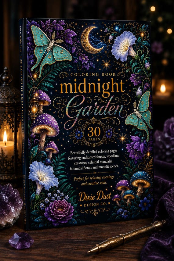 Midnight Garden Adult Coloring Book, Printable Coloring Pages PDF, Digital Download for GoodNotes, Botanical Mushroom Moon Celestial Art
