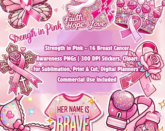 Glitter Breast Cancer Awareness Stickers: PNG Clipart, Sublimation (Digital Download