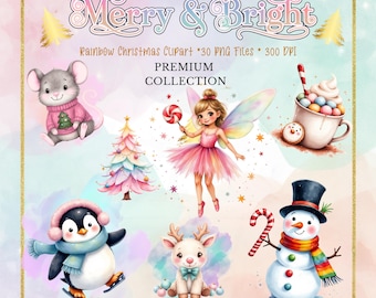 Merry & Bright — Rainbow Christmas Clip Art 30 PNGs • 300 DPI • Transparent Background • Instant Download • Sublimation • T Shirt Designs