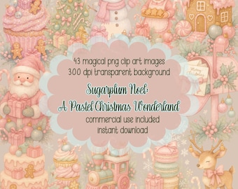 Sugarplum Noel | 45 Hi Res PNG Pastel Christmas Watercolor Clipart Bundle | Holiday | Whimsical | Digital Download | Sublimation | 300 DPI