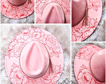 Sombrero de ala ancha con diseño floral de peonía grande, grabado láser SVG, PDF, PNG