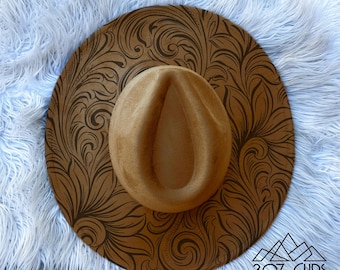 Sombrero de ala ancha de cuero repujado estilo western, grabado láser, SVG, PDF, PNG