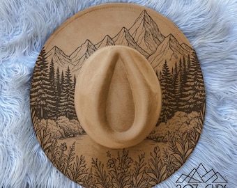 Sombrero de ala ancha con paisaje de montaña, grabado láser, SVG, PDF y PNG