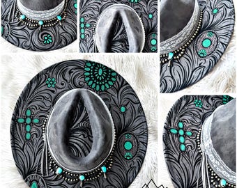 Sombrero de ala ancha de cuero y turquesa estilo occidental, grabado láser, SVG, PDF y PNG