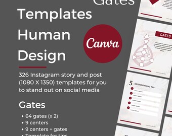 Op de afbeelding: Digitaal ontwerp voor Instagram met de woorden "Templates Human Design" en "Gates", met een Canva-logo. Het ontwerp bevat 326 sjablonen voor stories en posts. Het ontwerp bevat ook een lijst met functies.