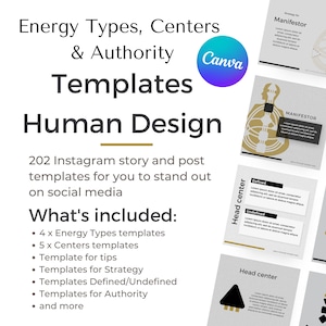 Human Design Templates Energy Types, Centers & Authority Gold and Black | Human Design Canva Template for coaches