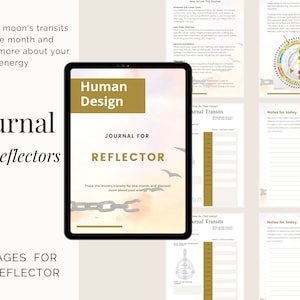 Könnte beinhalten: Ein digitales Journal für Reflektoren, ein Human Design-Typ, mit einem gold-weißen Farbschema. Das Cover zeigt eine Kette und den Text "Journal für Reflektoren". Das Journal soll Reflektoren dabei helfen, die Mondtransite für einen Monat zu verfolgen und mehr über ihre Energie zu erfahren.