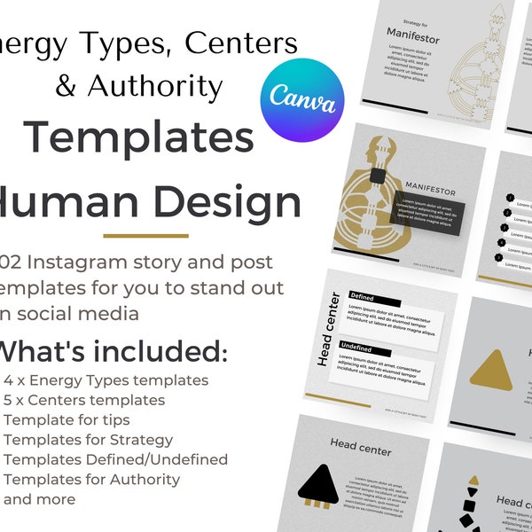 Human Design Templates Energy Types, Centers & Authority Gold and Black | Human Design Canva Template for coaches