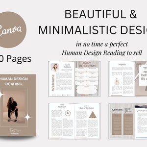 May include: A 150-page Human Design Reading guide with a brown cover featuring a woman in sunglasses. The guide includes a welcome page, daily reflection pages, and pages with information about the human design system. The text on the cover reads "Human Design Reading" and "First Name Birth Date".