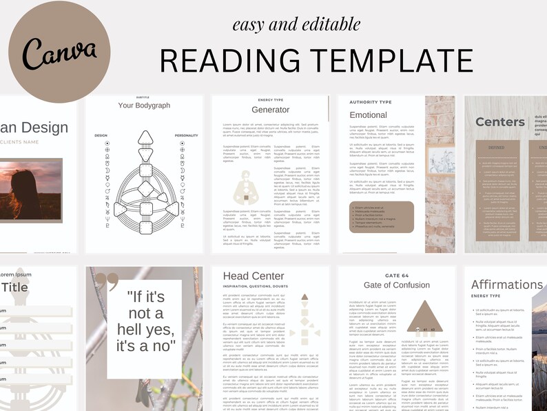 May include: A reading template with a brown and white color scheme. The template includes a bodygraph, a generator, an emotional authority, centers, a head center, a gate of confusion, and affirmations. The text "If it's not a hell yes, it's a no" is included in the template.