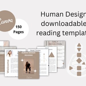 May include: A digital template for a Human Design reading, featuring a brown and white color scheme. The template includes a welcome page, a page for the client's information, a page for the Human Design chart, and a daily reflection page. The template is 150 pages long.