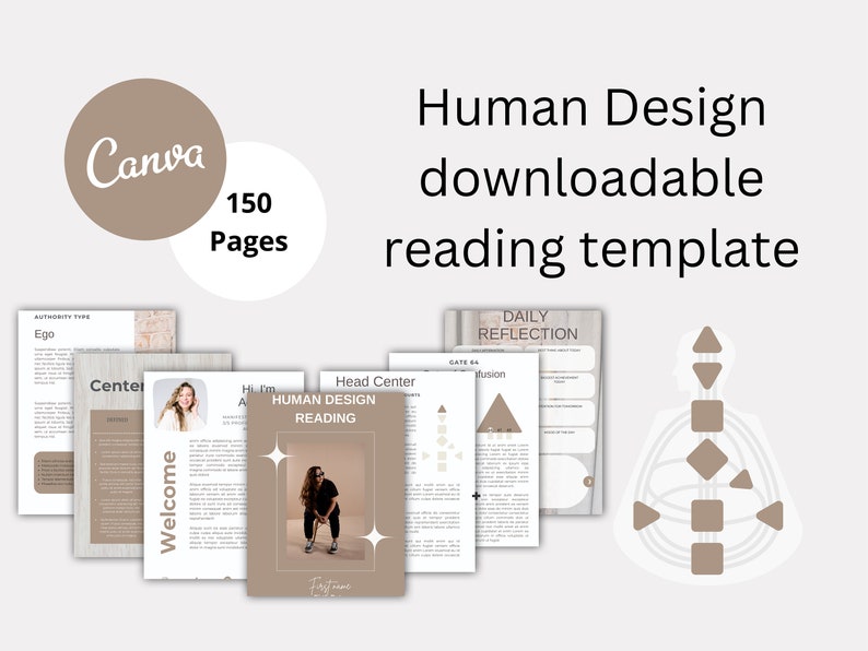 May include: A digital template for a Human Design reading, featuring a brown and white color scheme. The template includes a welcome page, a page for the client's information, a page for the Human Design chart, and a daily reflection page. The template is 150 pages long.