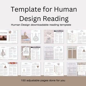 May include: A template for creating Human Design readings. The template includes 150 pages with various charts and diagrams, including a welcome page, a title page, a conditioning page, an incarnation cross page, a centers page, and a next topic page. The template is designed to be adjustable and customizable.