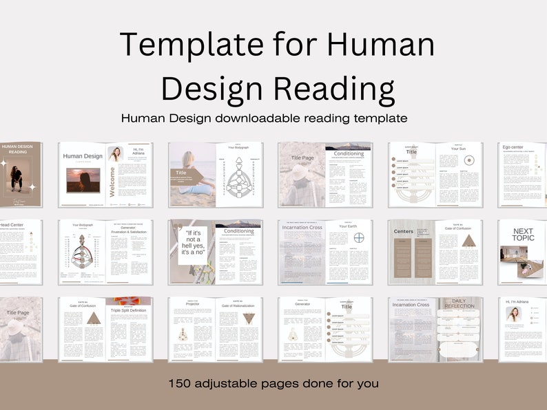 May include: A template for creating Human Design readings. The template includes 150 pages with various charts and diagrams, including a welcome page, a title page, a conditioning page, an incarnation cross page, a centers page, and a next topic page. The template is designed to be adjustable and customizable.
