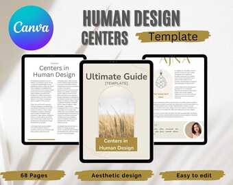 May include: A digital template for a guide to Human Design Centers. The template features a beige background with a gold archway and a field of wheat. The text "Ultimate Guide [TEMPLATE]" and "Centers in Human Design" are displayed in a gold font. The template is designed to be easy to edit and includes 68 pages.