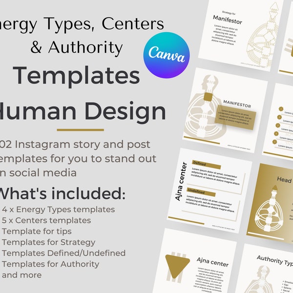 Human Design Templates Energy Types, Centers & Authority Gold | Human Design Canva Template for coaches