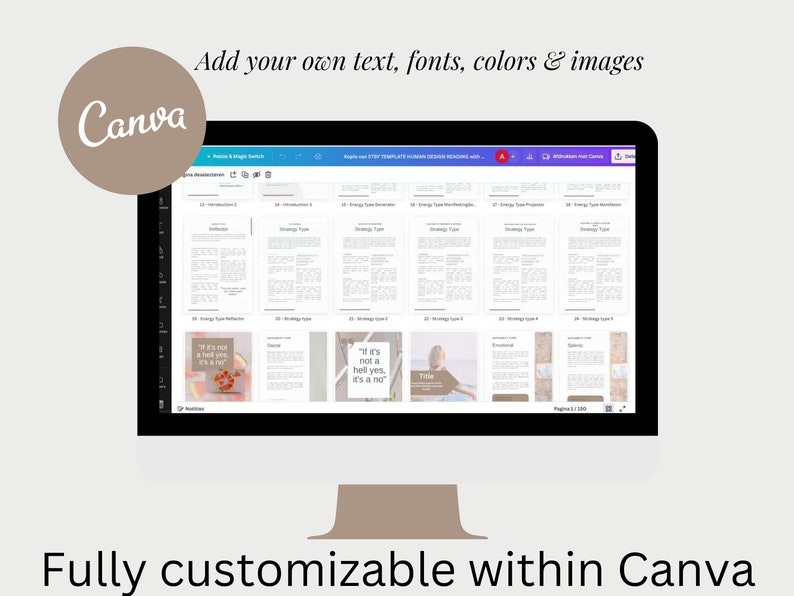May include: A computer screen displaying a Canva design template for a human design reading guide. The template is fully customizable and includes text, images, and a color palette. The text on the screen reads "If it's not a hell yes, it's a no."