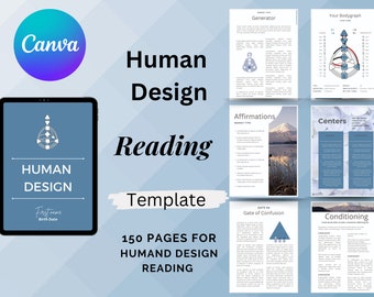 May include: A digital template for a Human Design reading, featuring a blue background with a white geometric design. The template includes 150 pages with sections for affirmations, centers, and a bodygraph.