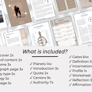 May include: A collage of images showing the different pages included in a Human Design guide. The guide includes a book cover, table of contents, welcome page, bodygraph page, energy type, strategy, title page, planets, introduction, quote, centers, authority, gates, definition, incarnation cross, profile, worksheet, reflection, and affirmation.