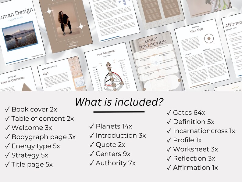 May include: A collage of images showing the different pages included in a Human Design guide. The guide includes a book cover, table of contents, welcome page, bodygraph page, energy type, strategy, title page, planets, introduction, quote, centers, authority, gates, definition, incarnation cross, profile, worksheet, reflection, and affirmation.