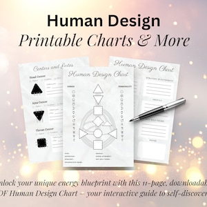 May include: Printable Human Design charts in black and white. The charts include a diagram of the human design system, with labels for the different centers and gates. The charts are designed to be used as a guide to self-discovery.
