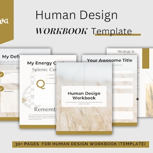 May include: A digital template for a Human Design Workbook. The cover features a blurred image of tall grass in beige and brown tones. The title "Human Design Workbook" is in black text on a white background. The text "30+ PAGES FOR HUMAN DESIGN WORKBOOK (TEMPLATE)" is at the bottom of the image.