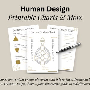 Könnte beinhalten: Druckbare Human Design-Diagramme mit goldenen Akzenten. Die Diagramme beinhalten ein Körperdiagramm, Zentren und Tore sowie einen Bereich für Persönlichkeit, Strategie und Autorität. Der Text "Human Design Chart" ist auf den Diagrammen sichtbar.