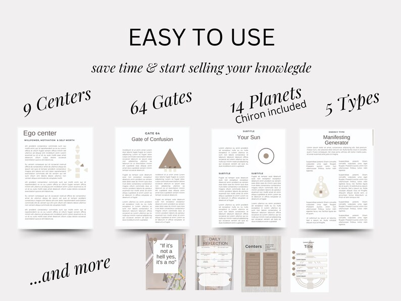May include: A digital product guide for Human Design, featuring a white background with brown text and graphics. The guide includes 9 Centers, 64 Gates, 14 Planets (including Chiron), and 5 Types. The text "EASY TO USE" and "save time & start selling your knowledge" is at the top of the image. The text "...and more" is at the bottom of the image.