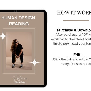May include: A digital tablet screen displaying a brown background with white text that reads "HUMAN DESIGN READING". The screen also shows a photo of a person wearing sunglasses and a black shirt sitting on a wooden stool. The text "First name" and "Birth Date" is at the bottom of the screen. The text "HOW IT WORKS" is displayed on the right side of the image.