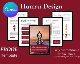 Op de afbeelding: Ebook-sjabloon voor Human Design met een rode achtergrond. De sjabloon bevat vijf pagina's met verschillende secties: Kanalen, Energie Typen, Incarnatie Kruis, Sacraal Centrum en Wat is Human Design? De sjabloon is volledig aanpasbaar in Canva.